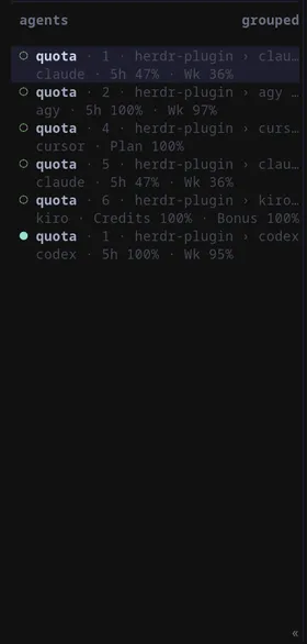 The Herdr agents sidebar with Quota usage under each pane